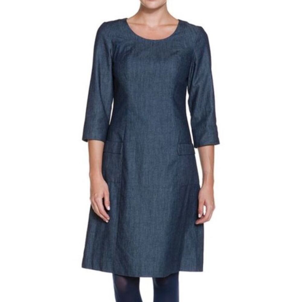 Boden Hartland Denim Dress Blue Chambray 100% Cotton SIZE 6 Petite 6P 3/4 Sleeve